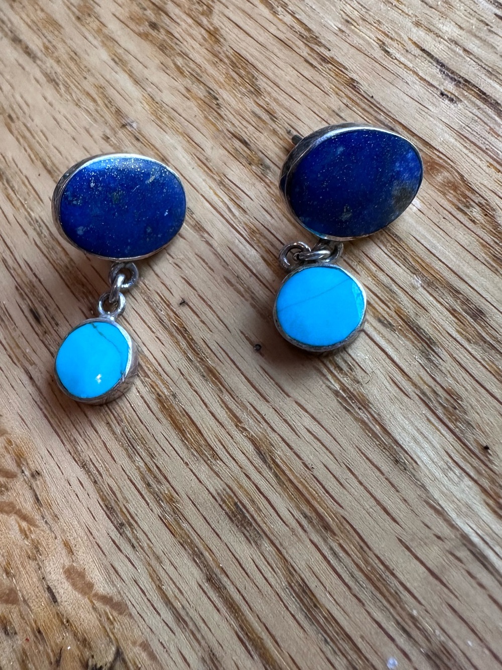 Vintage Silver Drop Dangle Earrings with Lapis and Turquoise Stones